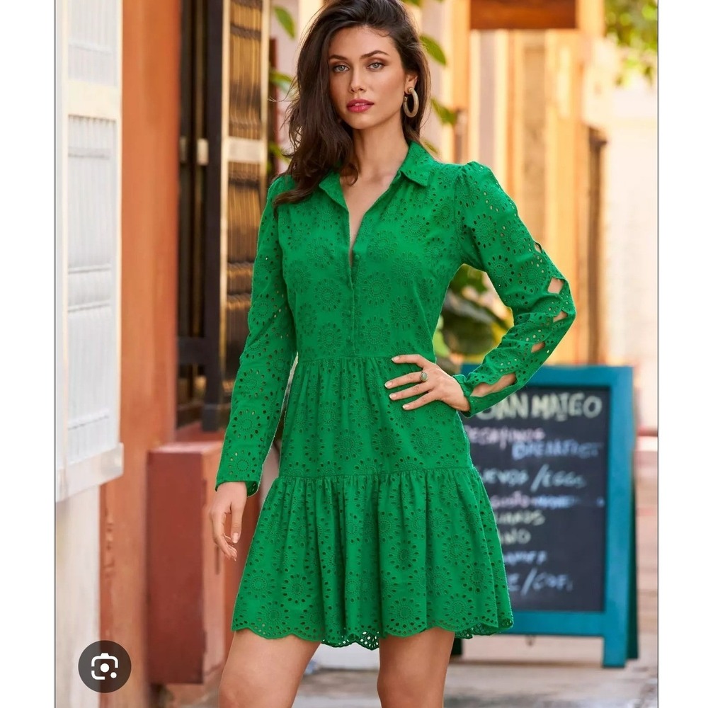 Boston Proper Monaco Green Eyelet Scallop Tiered Shift Dress Size M 100% Cotton